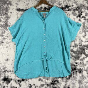 Chicos Blouse Womens Size Extra Large (3) Blue Front Tie‎ Button Up Woven V-neck
